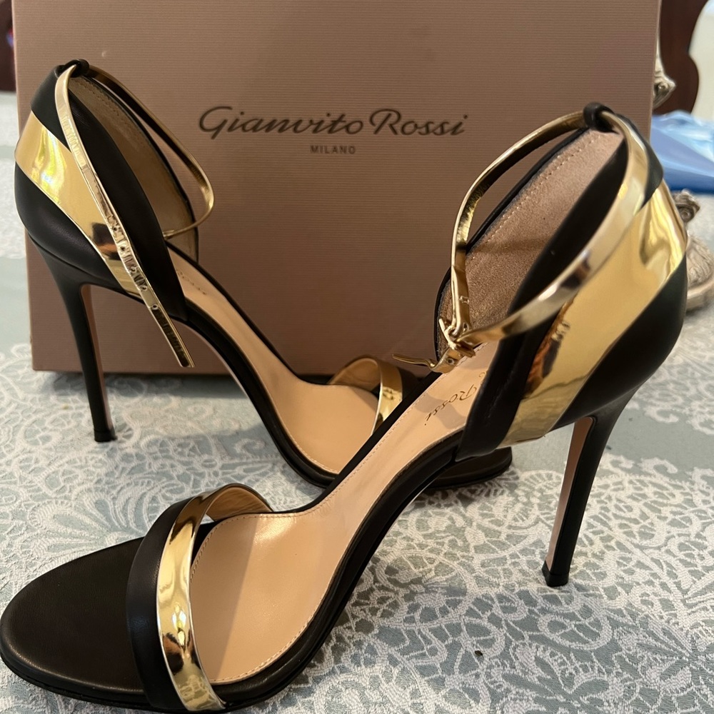 Gianvito Rossi Black and Gold Strappy Heels